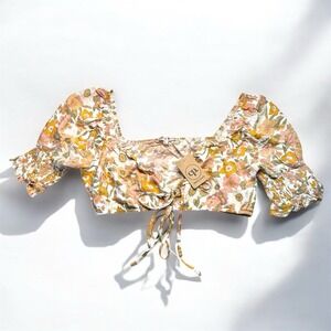 Bailey Rose Women's NWT Sz M Floral Puff Sleeve Crop Top Smocked Lace Up